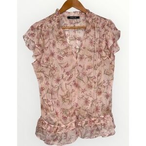 Sugar lips Blush Semi Sheer Floral Ruffle Cap Sleeve V-Neck Dainty Chiffon Top L